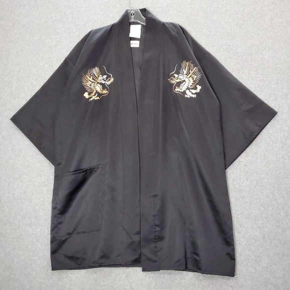 VINTAGE Japanese Dragons Men Kimono One Size Black Open Front Made In‎ Japan - Picture 1 of 10